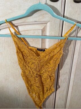 Mind Code Mustard Yellow Lace Bodysuit with Adjustable Straps